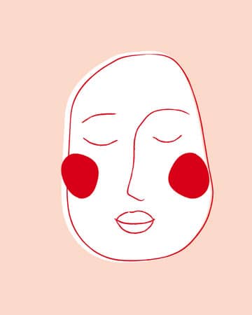 Minimalistische Zeichnung eines weiblichen Gesichts mit geschlossenen Augen und roten Wangen auf rosa Hintergrund