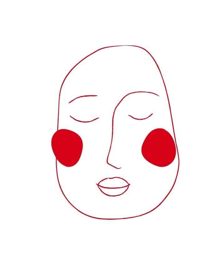 Minimalistische Zeichnung eines weiblichen Gesichts mit geschlossenen Augen und roten Wangen auf weißem Hintergrund