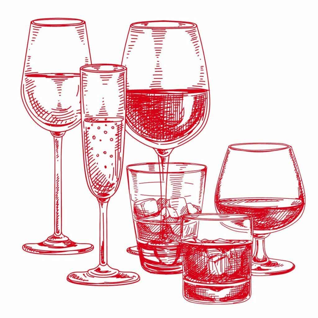 ein Druck in Rot auf Weiß: Weißweinglas, Rotweinglas, Sektglas, Cognacglas, Whiskeyglas und Wasserglas mit Eis