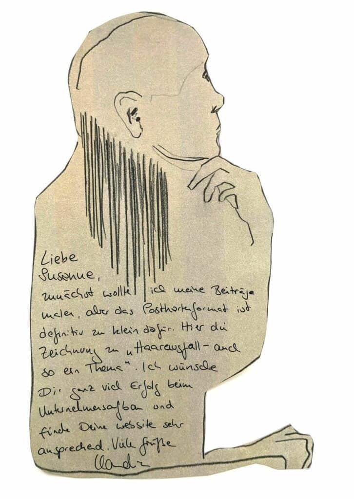 Postkarte gemalt von der Künstlerin Claudia Miller. Einer handskizzierten Frau fallen die haare aus