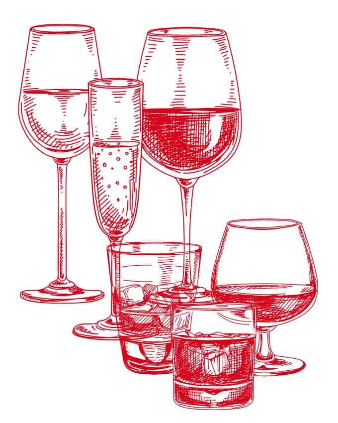 different alcohol als illustrations in red