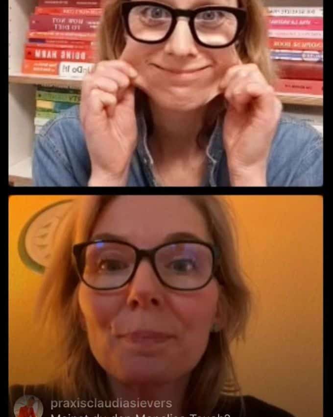 Screenshoot eines Zoom Meetings mit zwei Frauen mit großer Brille und blonden Haaren.