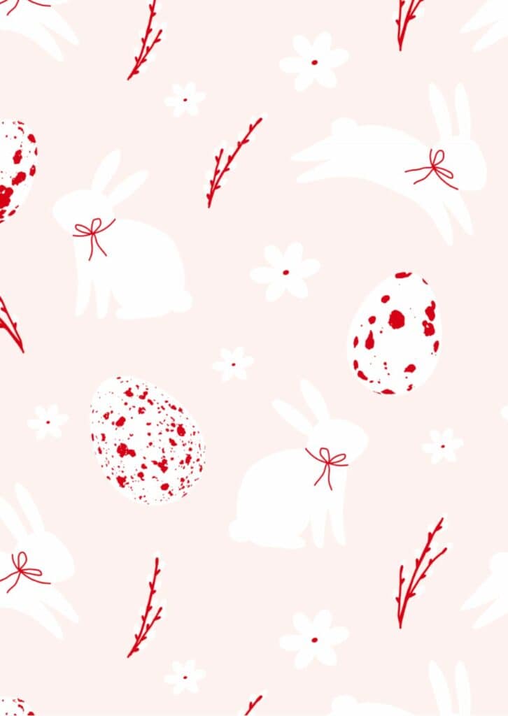 "Nahtloses Ostermuster mit weißen Hasen, rot gesprenkelten Eiern und Blumenelementen auf rosa Hintergrund, geeignet für festliches Frühlings-Textildesign oder Tapeten."