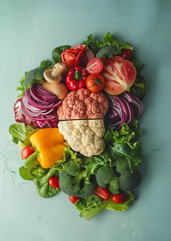 Aus frischem Gemüse geformtes Gehirn, bestehend aus Blumenkohl, Paprika, Tomaten, Brokkoli, Zwiebeln, Spinat und weiteren bunten Zutaten auf hellblauem Hintergrund