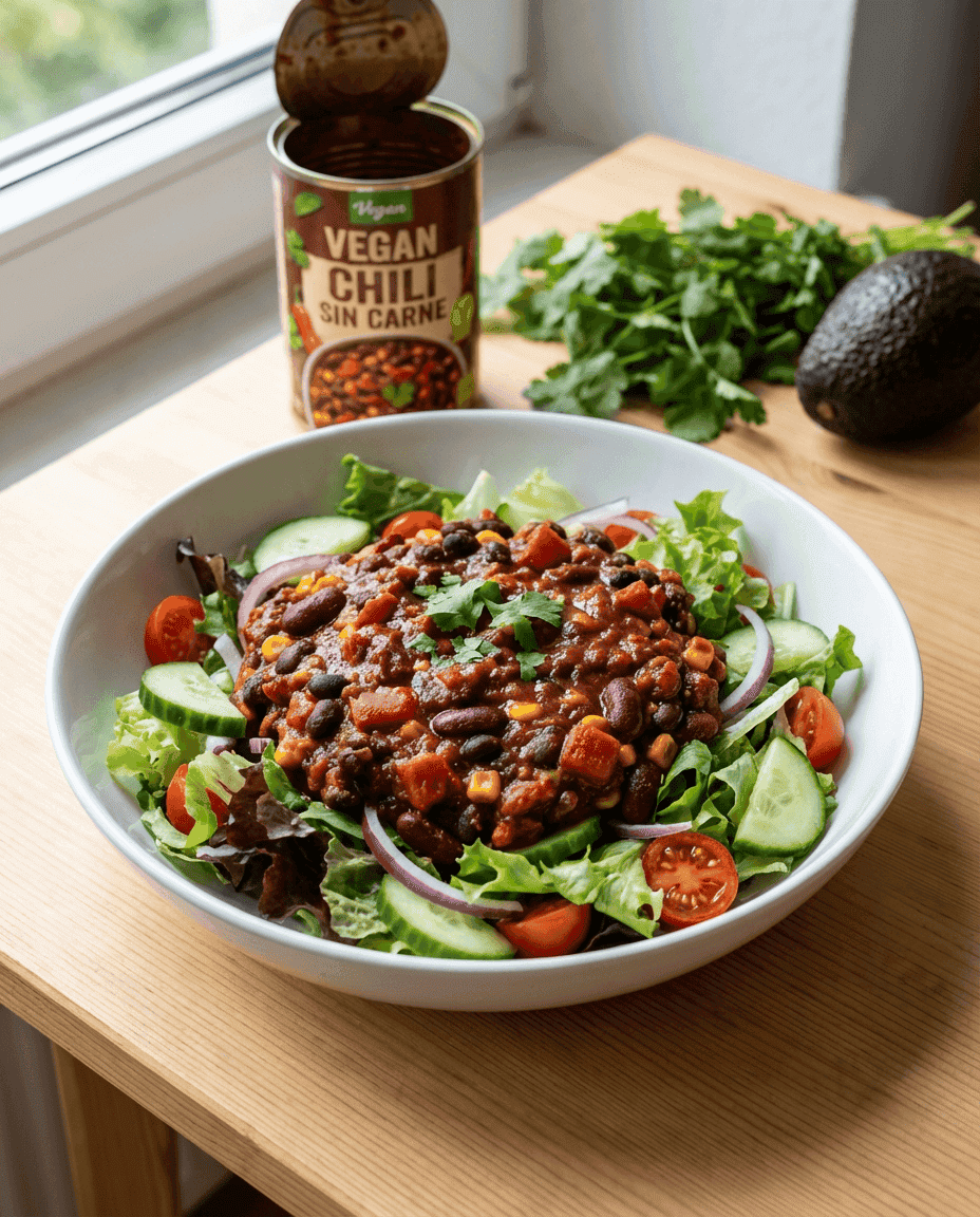 Body Reset Erfolg: eine Dose Chili sin Carne auf Salat