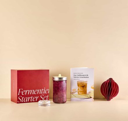 Fermentieren Starter Set mit Glas, Anleitung und Zubehör auf beige Hintergrund – ideales Set zum Fermentieren von Gemüse und anderen Lebensmitteln von Lieblingsglas.