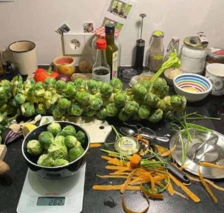 Küchentresen mit geschnittenem Gemüse, Rosenkohl, Karotten, Waage, Küchenutensilien und Saucen