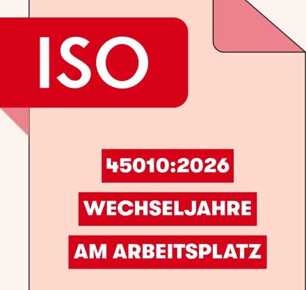 Rosafarbenes Dokument-Symbol mit ISO-Schriftzug und dem Text „ISO 45010:2026 – Wechseljahre am Arbeitsplatz"
