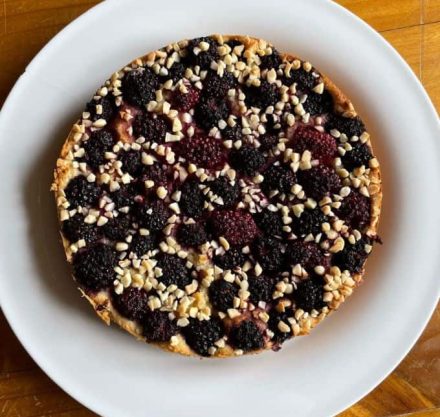 Brombeerkuchen auf weißem Teller serviert