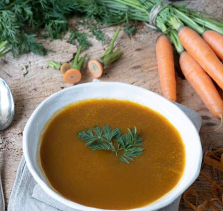 Moro´sche Suppe in weißer Schale auf grauem Leinentuch, mit Petersilie garniert.
