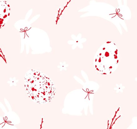 "Nahtloses Ostermuster mit weißen Hasen, rot gesprenkelten Eiern und Blumenelementen auf rosa Hintergrund, geeignet für festliches Frühlings-Textildesign oder Tapeten."