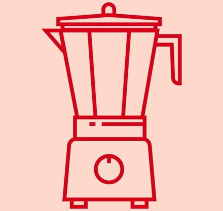Einfach gezeichneter Standmixer in roter Liniengrafik auf rosa Hintergrund.