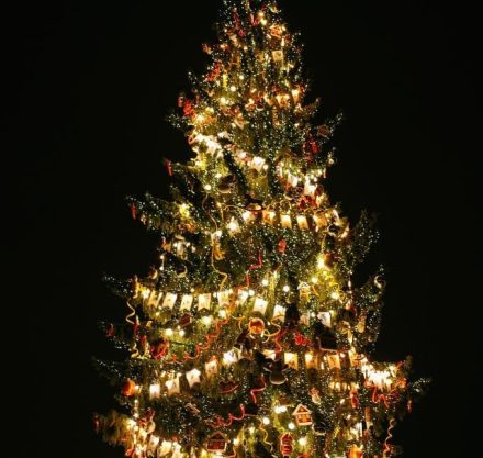 Weihnachtsbaum mit bunten Kugeln und Lichtern im dunklen