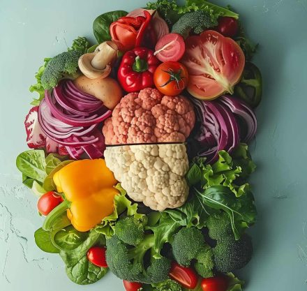 Aus frischem Gemüse geformtes Gehirn, bestehend aus Blumenkohl, Paprika, Tomaten, Brokkoli, Zwiebeln, Spinat und weiteren bunten Zutaten auf hellblauem Hintergrund