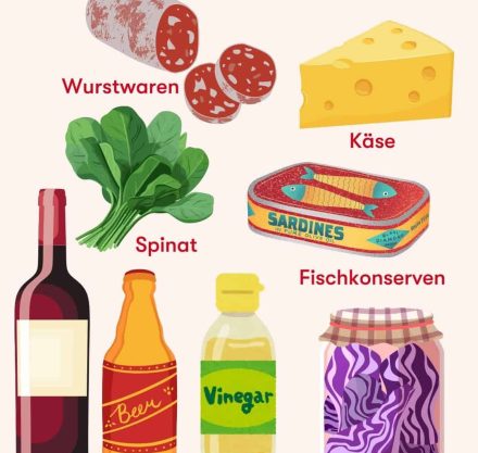 Grafik zeigt histaminreiche Lebensmittel wie Wurst, Käse, Spinat, Fischkonserven, Rotwein, Bier, Essig und Sauerkraut – typische Auslöser bei Histaminintoleranz.